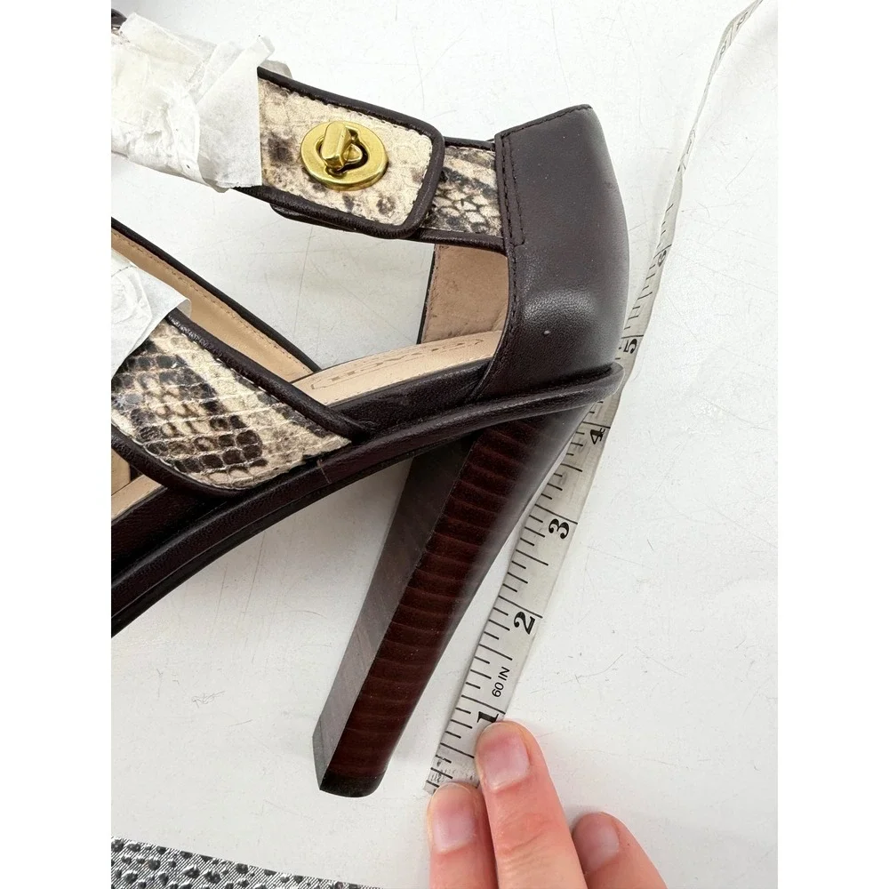 Coach Tamarah Heels Sz 6.5 Brown Snakeskin Turnlock Leather NWOT Mob Wife Caged